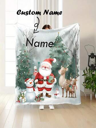 Personalized Santa Claus & Reindeer Flannel Blanket - Customized Name, Soft & Cozy Knitted Polyester Fabric, Digital Printing, Cartoon Theme Blanket For All Seasons, Suitable For Bed, Sofa - Unique Gift For Couples, Friends, Family, Kids