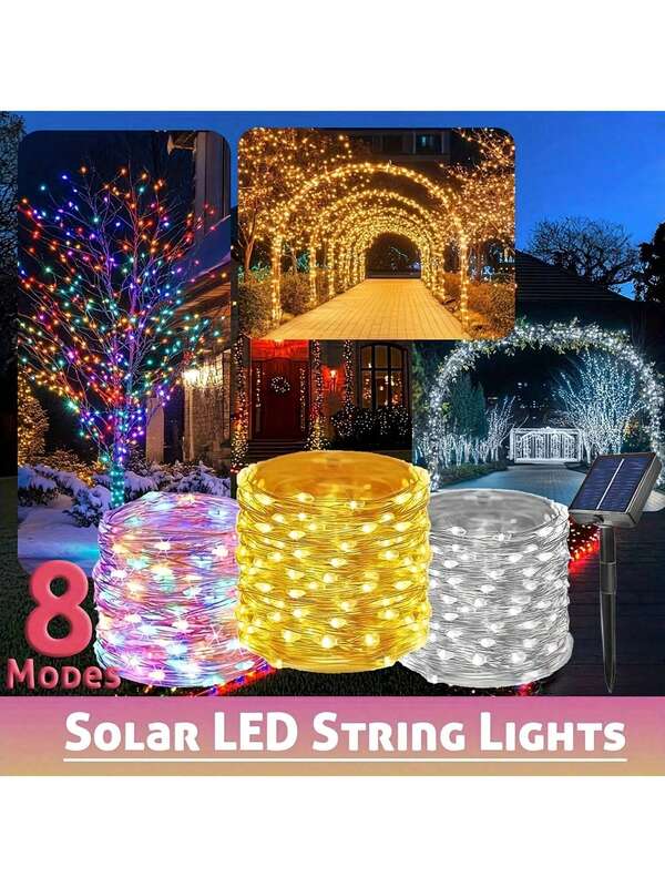 1 قطعة أضواء سلسلة شمسية للخارج، أضواء جنية LED مقاومة للماء ب- 8 أوضاع، ديكور شجرة الحديقة والحفلات والأعراس بالطاقة الشمسية، سلك نحاسي كهربائي ليثيوم، لوحة شمسية غير قابلة للإزالة