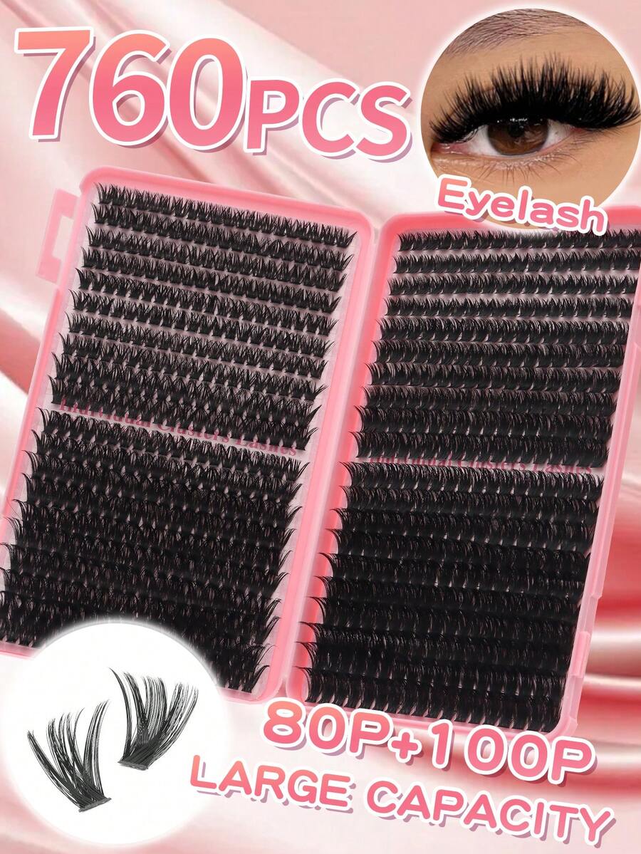 760pcs Luxury Thick False Eyelashes Set, 80D/100D Ultra High Density, 8-16mm Mixed Length, Suitable For Bridal, Party, Halloween Makeup, Premium DIY Eyelash Extension - Black - View 1