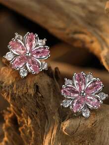 2pcs Elegant Women's Earrings, Flower Design With Sparkling Zirconia, Romantic Holiday Gift
