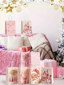 24 bolsas de regalo de Navidad rosas con estampados de Papá Noel y renos - Bolsas de papel kraft, adecuadas para regalos navideños, recuerdos de fiesta y compras - Excelentes para celebraciones de cumpleaños y manualidades