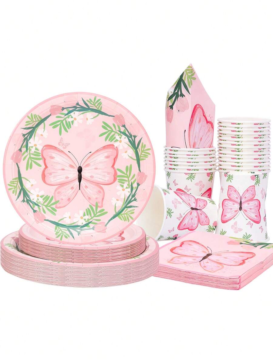 10pcs/20pcs/50pcs/80pcs Pink Butterfly Floral Party Supplies Spring Butterfly Flower Paper Plates Napkins Cups Tableware Set Party Packs For Birthday Wedding Garden Tea Party Bridal Babe Shower Decorations - Multicolor - View 1