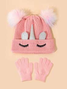 1 pieza Gorro de punto de unicolor para niños, gorro de bola doble de unicornio, adecuado para niñas de 6 a 8 años para uso diario en otoño e invierno - Multicolor - Ver 6