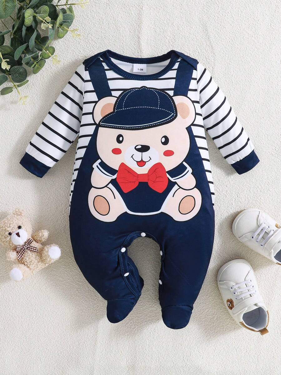 1pc Cute Bear Design Baby Jumpsuit With Baseball Cap - Blue - View 1