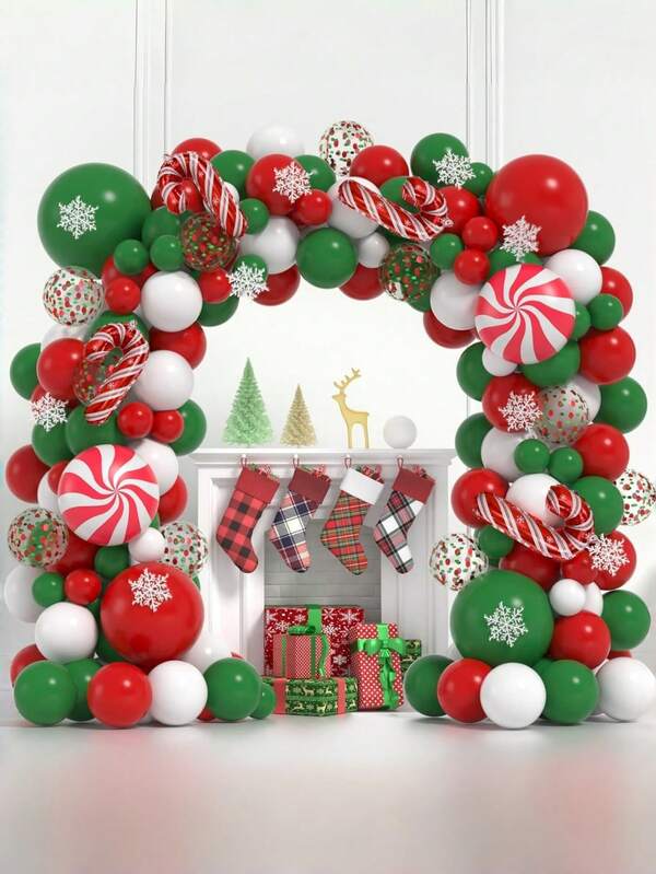 75/105pcs Christmas Balloon Arch Set - Red And Green Candy Canes, Confetti Balloons, Garland Set, Suitable For Festival, New Year And Wedding Birthday Party Decoration Set Balloons, Christmas Window Decorations, Room Background Decoration Balloons Non-Electric, Aluminum And Latex Balloons, Suitable For Children Over 14 Years Old