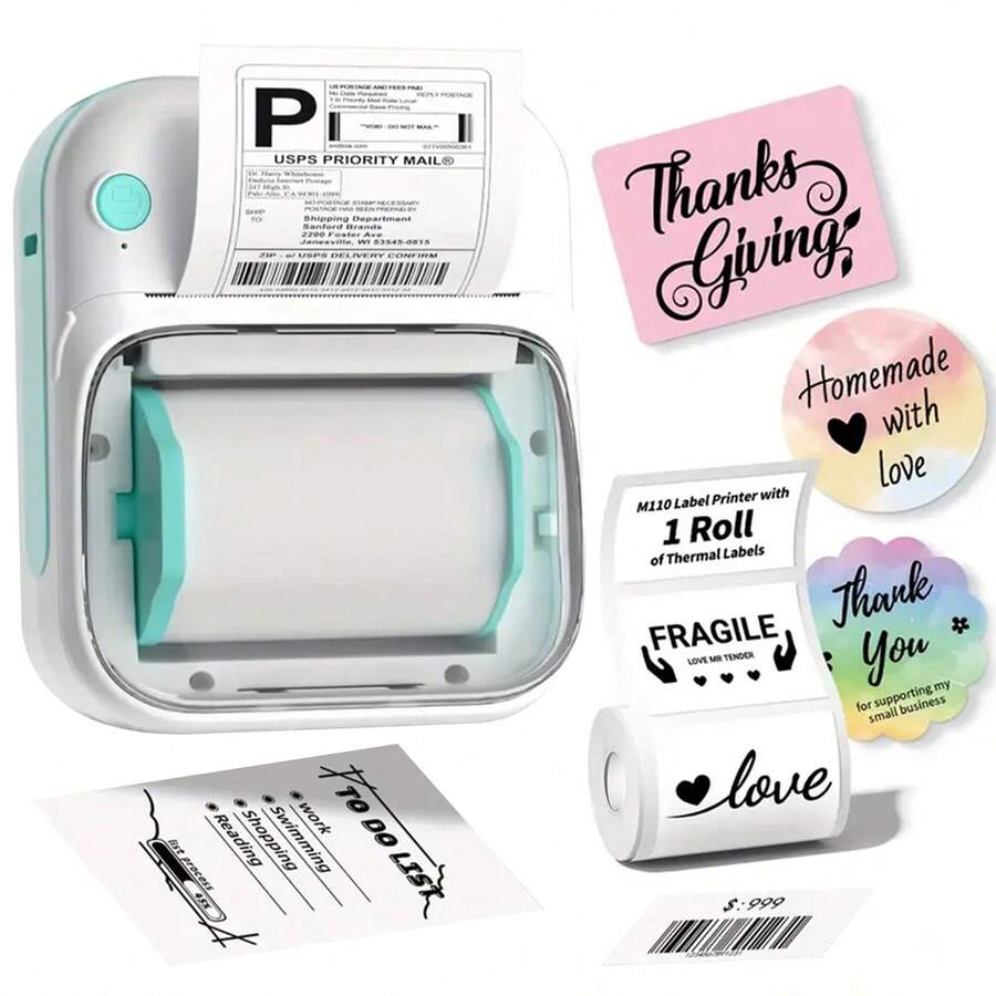 GOTOOGO Máy in nhãn mini, máy in nhãn nhiệt cầm tay, kèm 1 cuộn giấy in nhãn trắng 40*20mm, thích hợp cho gia đình, ngành may mặc, siêu thị, trang sức và thực phẩm, tương thích với hệ điều hành Android và iOS.