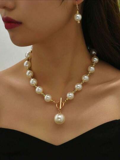 Faux Pearl Decor Necklace & Drop Earrings