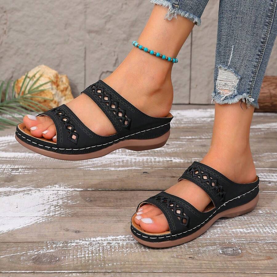 女式矫形坡跟凉鞋 夏季时尚 2025 露趾厚底凉鞋 休闲一脚蹬凉鞋 沙滩凉鞋