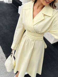 Doriss Elegant Lapel Collar Cross-Tie A-Line Dress, Modest, Suitable For Commuting, Solid Color, Halloween, Old Money Style, Prom Party, Back To School, Elegant Ladies, Court Style, Valentine's Day Outfit, Wedding Season - Light Yellow - View 3