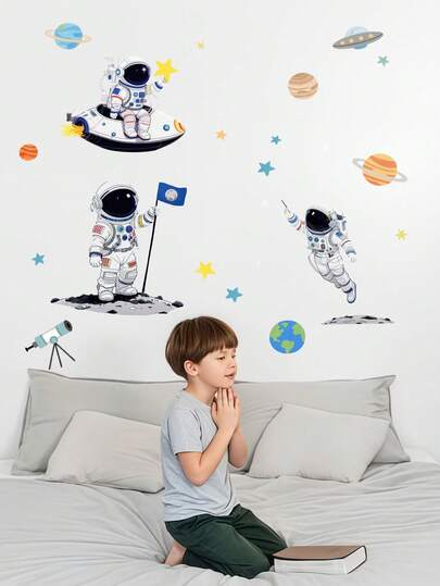 1 套有趣的宇航员、太空、星球、月球自粘墙贴、房间装饰贴纸、新款适合家居春季装饰、让您的家焕然一新、新颖时尚