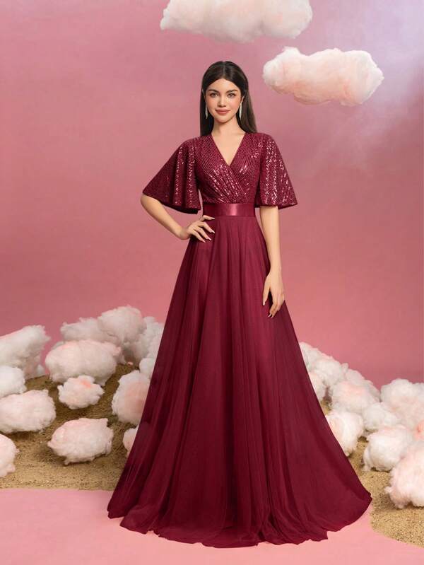 ALISA&LEO Teenager Mädchen V-Ausschnitt Abendkleid mit ausgestellten Ärmeln, schimmernden Details und voluminösem Tüllrock für Teenager - ideal für schwarze Tie-Events, Abendempfänge, Proms, Galadinner