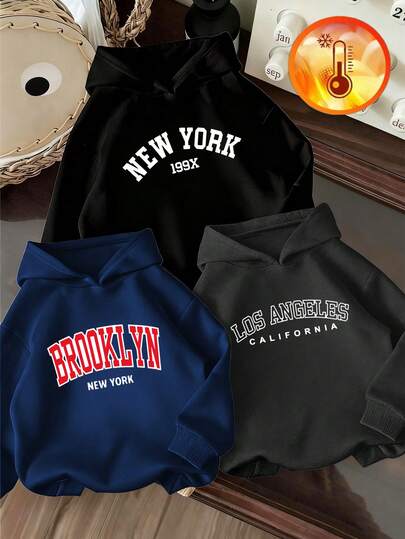 3件套男童纽约、布鲁克林和洛杉矶印花保暖套头卫衣套装，秋冬季保暖舒适。