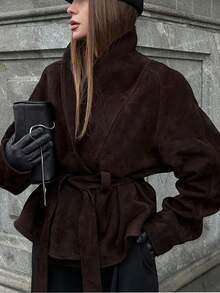 1pc Women Solid Color Faux Suede Jacket With Pockets, Belt And Buttons, Suitable For Spring And Autumn - Rust Brown - View 1