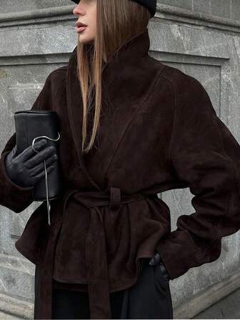 1pc Women Solid Color Faux Suede Jacket With Pockets, Belt And Buttons, Suitable For Spring And Autumn