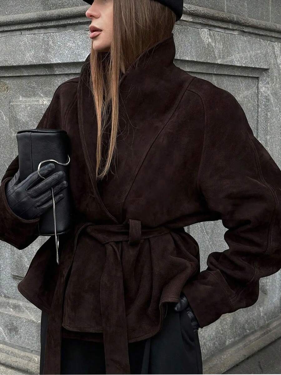 1pc Women Solid Color Faux Suede Jacket With Pockets, Belt And Buttons, Suitable For Spring And Autumn - Rust Brown - View 1