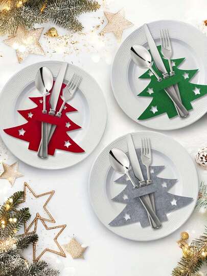 10pcs, Christmas Tree Placemats, Felt Fork And Spoon Bag Set, Suitable For Christmas And Other Holiday Party Table Decoration