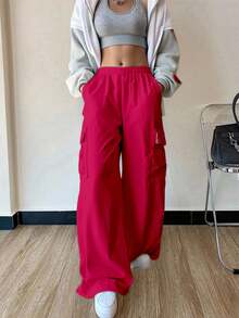 Pantalones Cargo Impermeables para Mujer - ¡Prepárate para la Semana Santa! Pantalones Técnicos con Bolsillos Impermeables, Tela Ligera Multiestacional para Aventuras  Pantalón largo cargo para dama, pantalones cargo jogger de alta elasticidad y pantalones casuales sólidos para mujer, estilo urbano con cintura alta y cordón ajustable, pierna ancha y bolsillos grandes, en color negro o gris, cómodos, elásticos y ligeros - Rosa Fucsia - Ver 1