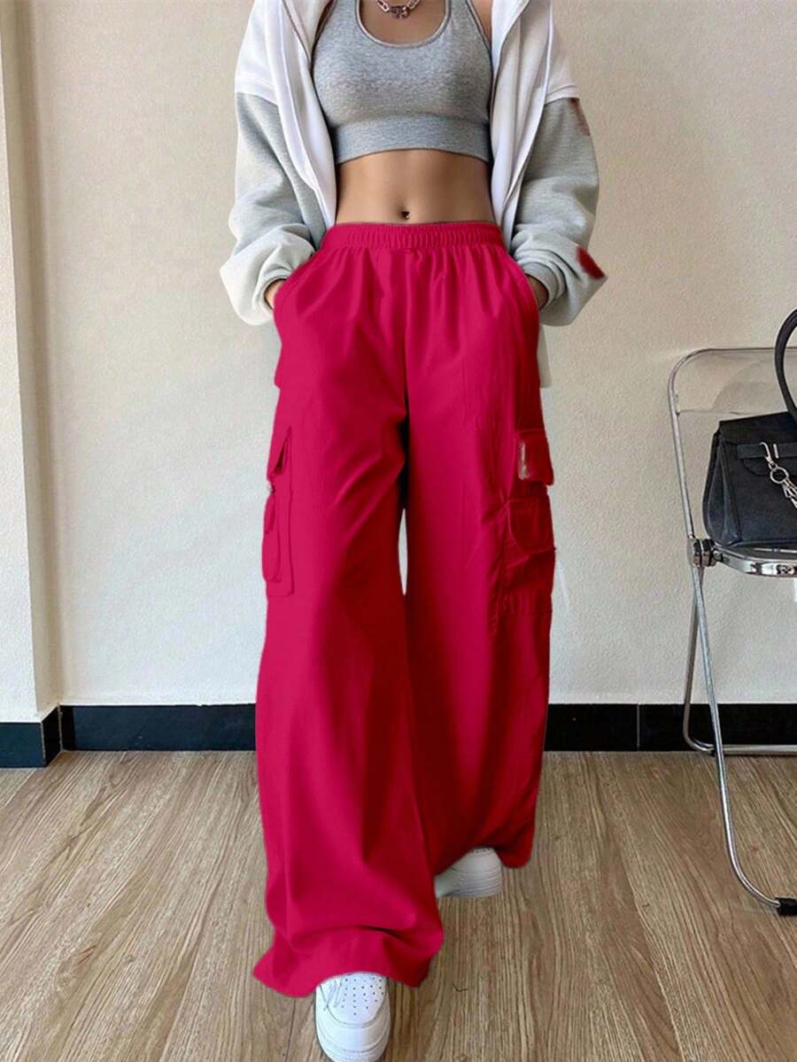 Pantalones Cargo Impermeables para Mujer - ¡Prepárate para la Semana Santa! Pantalones Técnicos con Bolsillos Impermeables, Tela Ligera Multiestacional para Aventuras  Pantalón largo cargo para dama, pantalones cargo jogger de alta elasticidad y pantalones casuales sólidos para mujer, estilo urbano con cintura alta y cordón ajustable, pierna ancha y bolsillos grandes, en color negro o gris, cómodos, elásticos y ligeros - Rosa Fucsia - Ver 1