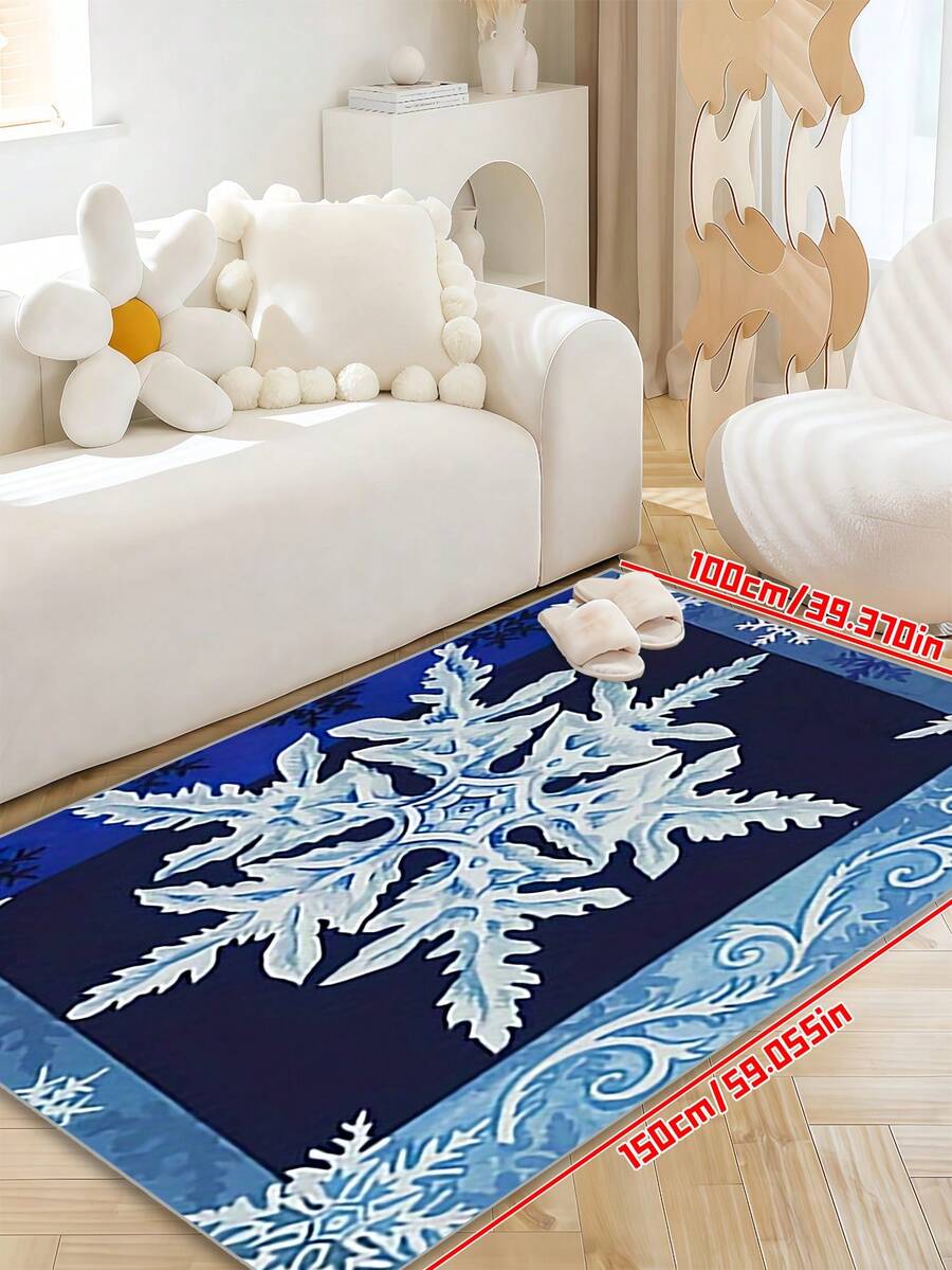 Christmas Snowflake Doormat - Navy Blue Edges, Light Blue Background, Non-Slip And Machine Washable Polyester Carpet, Suitable For Indoor/Outdoor Use, Great For Entryway, Bedroom And Home Decor