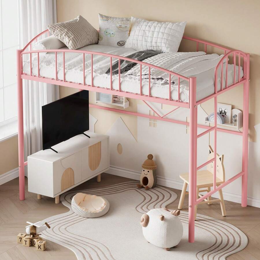 Meiyiu Loft Bed Twin Size With Ladder And High-Arched Guardrail, Sturdy Metal Slats, Space-Saving Design, Modern Decor Style, Easy Assembly, No Box Spring Needed, Sa-Fe For Kids/Adults - 粉色 - 查看 1
