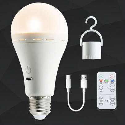 1개 충전식 LED 전구, USB 포트, 야외 가판대, 캠핑, 낚시, 모바일 LED 조명에 적합, 3가지 색상의 리모컨, RGB 색상, 대용량 배터리, 매우 긴 런타임, Type-C, E27 소켓, 대부분의 가정용 조명 기구와 호환 가능