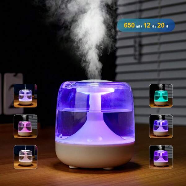 650ml USB Humidifier, Transparent, Water Level Visible, Continuous & Intermittent Mist, 7-Color Night Light, Suitable For Living Room, Bedroom, Office And More, A Novel Gift