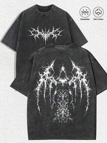 1 PCS Dark Art "Thorn - Like Abstract Creature" Graphic Tee: Featuring Distressed Vintage Finish, Front Intricate Thorn - Style Extreme Metal Font Print, Back Elaborate Abstract Creature Illustration With Wing - Like & Spiky Details, Crafted From Breathable 100% Cotton, Perfect For Infusing Nostalgic, Edgy, And Subcultural Vibes Into Outfits During Halloween Celebrations, Gothic Events, Or Daily Wear, Men's Round Neck Printed Short Sleeve Casual Everyday T-Shirt, They Are Excellent Gifts For Friends And Family, 100% Cotton T-Shirts Feature, A Youthful And Fashionable Design, Graphic Tees Men, Graphic Tees Women, Cachorro Feliz, Back To School - 黑色 - 查看 1