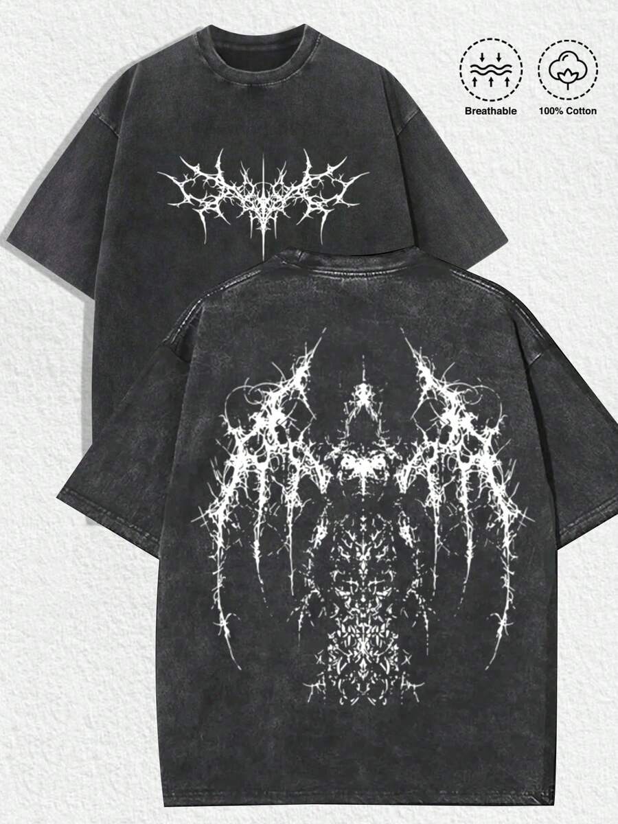 1 PCS Dark Art "Thorn - Like Abstract Creature" Graphic Tee: Featuring Distressed Vintage Finish, Front Intricate Thorn - Style Extreme Metal Font Print, Back Elaborate Abstract Creature Illustration With Wing - Like & Spiky Details, Crafted From Breathable 100% Cotton, Perfect For Infusing Nostalgic, Edgy, And Subcultural Vibes Into Outfits During Halloween Celebrations, Gothic Events, Or Daily Wear, Men's Round Neck Printed Short Sleeve Casual Everyday T-Shirt, They Are Excellent Gifts For Friends And Family, 100% Cotton T-Shirts Feature, A Youthful And Fashionable Design, Graphic Tees Men, Graphic Tees Women, Cachorro Feliz, Back To School - 黑色 - 查看 1