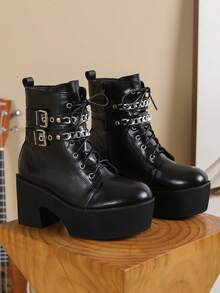 European And American Style Women's Thick Heel Platform Short Boots, Waterproof Mid-Calf Boots, Autumn/Winter New Lace-Up Boots, White Fashionable Boots, Black High Heel Boots, Western Style Boots