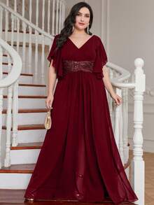 UNITHORSE Plus Size Bridesmaid Dress With Sequin Waist, Ruffle Hem And Side Slit, Chiffon