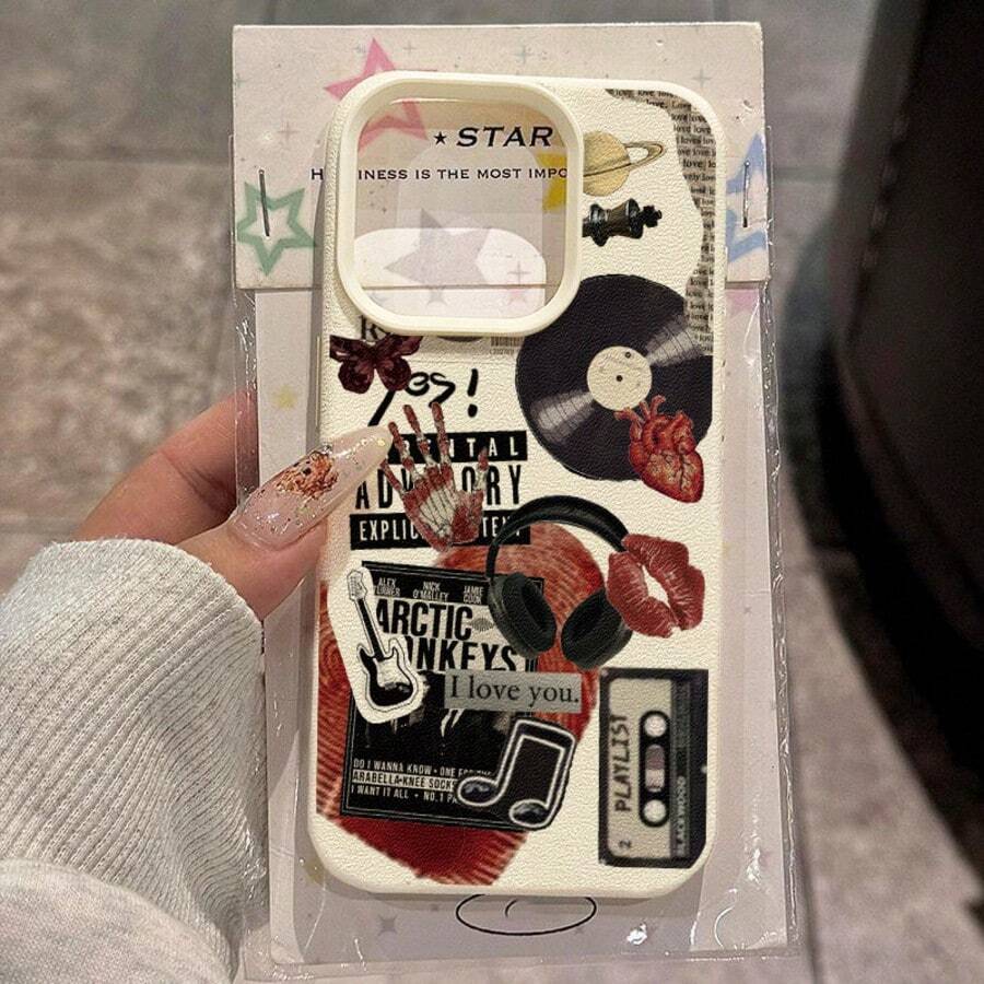 1pc Retro Vintage Red Lips & Butterfly Vinyl Record Collage TPU Phone Case Compatible With Iphone 17/17 Pro/17 Air/17 Pro Maung, Redmi Phones - White - View 1