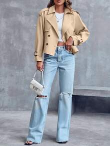 Women Cropped Jacket Double Breasted Trench Coat Raglan Sleeve Work Office Coat With Pockets - Beige - View 4