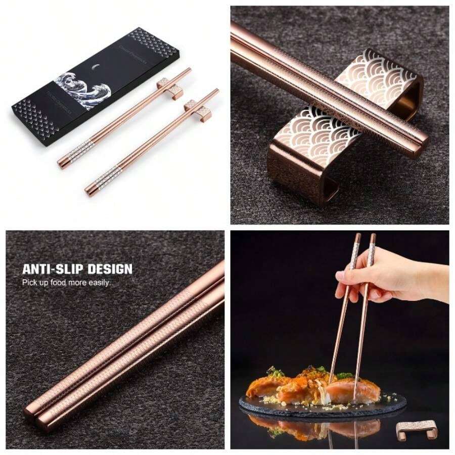 - Palillos reutilizables de acero inoxidable chapados en titanio con soporte, aptos para lavaplatos, juego de palillos ligeros de estilo japons azul - Oro Rosa - Ver 1