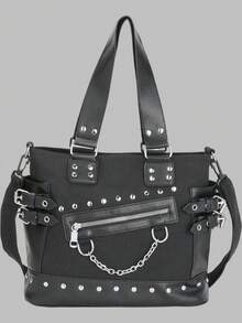 DareSee Borsa tote vintage di grande capacità, colore unito, borsa a spalla cool punk Y2K per ragazze, borsa a tracolla e borse a mano da donna con borchie, borsa a tracolla versatile con tasche multiple, colore unito, borsa a tracolla per uso esterno e viaggi, borsa a tracolla casual per pendolarismo e shopping, adatta per MusicFest, Y2KFest, Back to School, autunno, Natale, inverno, regali di Natale