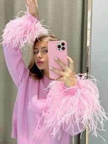 Women Velvet Fur Trim Button Up Cardigan Sweater  Long Sleeve Feather Patchwork Open Front Tops  Holiday Jacket Outwear - 粉色 - 查看 2