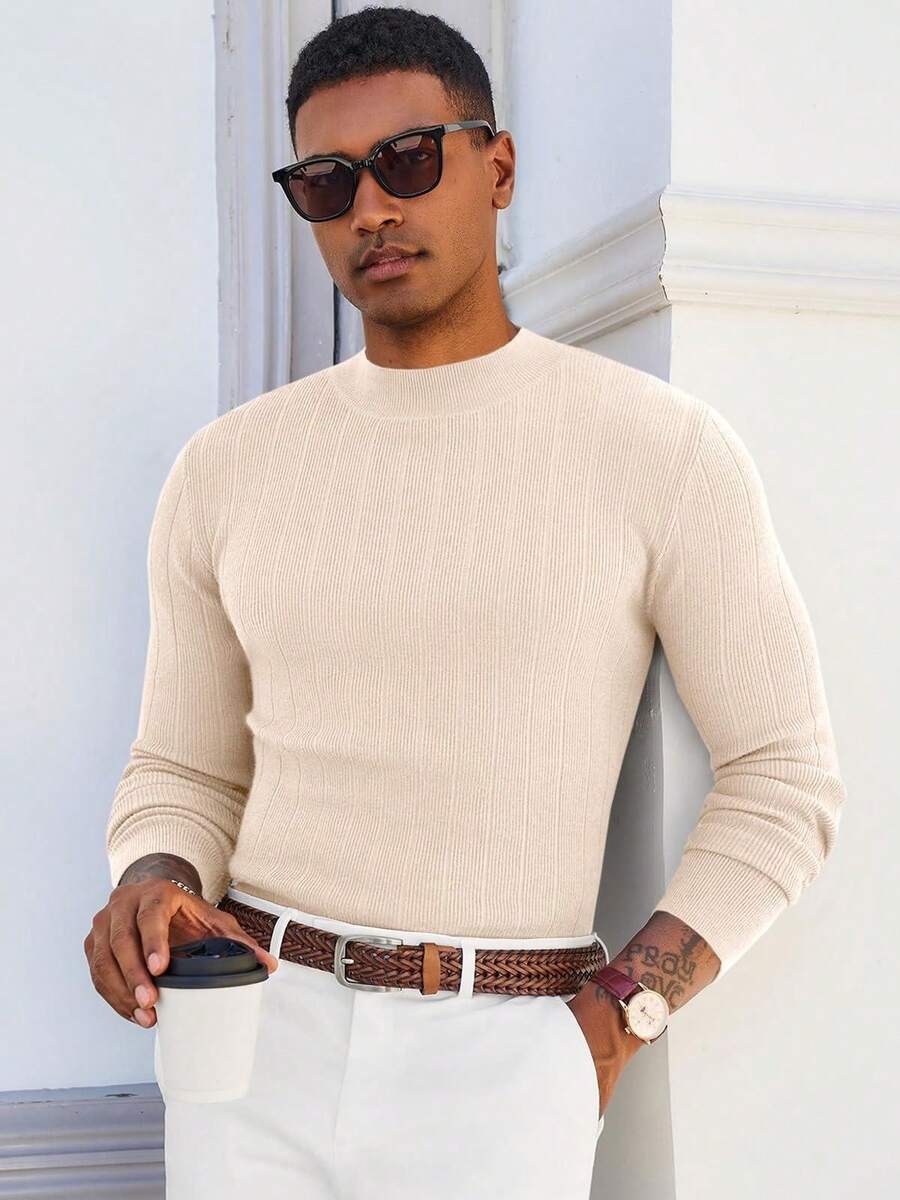 Men's Slim Fit Mock Turtleneck Sweater Casual Ribbed Knitted Pullover Basic Warm Wear For Fall/Winter - 米色 - 查看 1