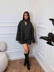 1pc Women's Fashionable & Versatile Solid Color Ribbed Pocket Front Button Jacket (Including Scarf) - Grey - View 2
