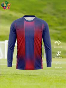 1pc CTiger Kids Long - Sleeve Barcelona Football Training Top - Personalized Name & Number Printing (Front/Back) - Red & Blue Striped Design - Quick - Dry Breathable - Ideal For Soccer, Sports & Casual Use, Halloween, Thanksgiving, Christmas And New Year Gifts
