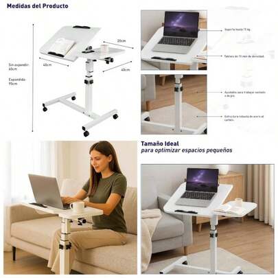 Mesa para Laptop 60*40 con Altura Ajustable 60u201395, Escritorio con Ruedas con Bloqueo, para Cama, Capacidad de Carga 15u202Fkg Blanco