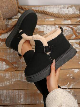 Söta bohemiska spännen, moderiktiga nya kvinnors heta säljare, plusstorlek snöstövlar pälsiga tofflor höst/vinter nya utomhus inomhus tjock botten varm tåskydd fleece stövlar