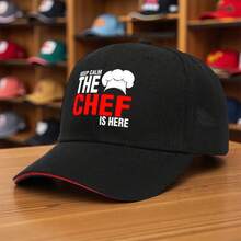 1pc Chef Hat With "Keep Calm The Chef Is Here" Print - Baseball Cap, Lightweight Polyester Golf/Fishing/Bird Watching Hat For Cooking, Chef Gifts - Unisex Outdoor Hat For Men & Women (10 Colors Available) - Machine Washable All-Season Trucker-Like Design, Chef Accessories, Cooking Accessory - 黑色和紅色 - 查看 2