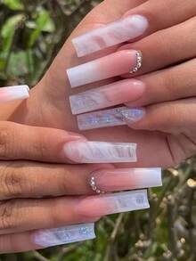 Transform Your Nails With 24pcs Extra Long Coffin Pink Glossy Ombre Fake Nail & 1sheet Tape & 1pc Nail File Press On Nails Nail Supplies NTI4 - 彩色 - 查看 6