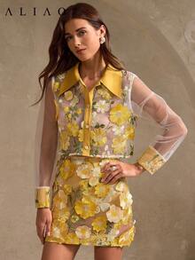 Conjunto Aliao Delicate de 2 peças com saia transparente e bordado floral 3D de flores, vestido floral, conjunto feminino de verão, ideal para casamentos, jantares, eventos formais, bailes de formatura, estilo cortesão, roupa para o Dia dos Namorados e roupa de Ano Novo. - Amarelo - Ver 6