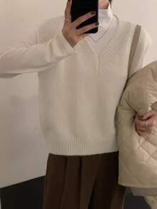 女士秋冬简约V领套头毛衣背心 - 美國杏 - 查看 3