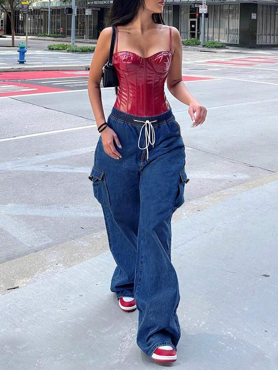 Women's Dark Blue Elastic Drawstring Cargo Jeans, Loose Wide Leg Multi-Pocket Denim Pants, Y2K Streetwear Casual Daily Trousers - Dark Wash - View 1