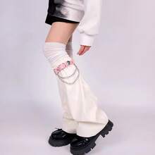 Over-The-Knee Socks And Leg Warmers Set New Y2K Millennium Style Sweet Cool Hot Girl Black Leather Punk Leg Warmers Socks Boot Covers Ins  Women's Clothing Accessories Suitable For Daily Street Wear - 黑皮革+黑鏈條+黑色過膝襪 - 查看 3