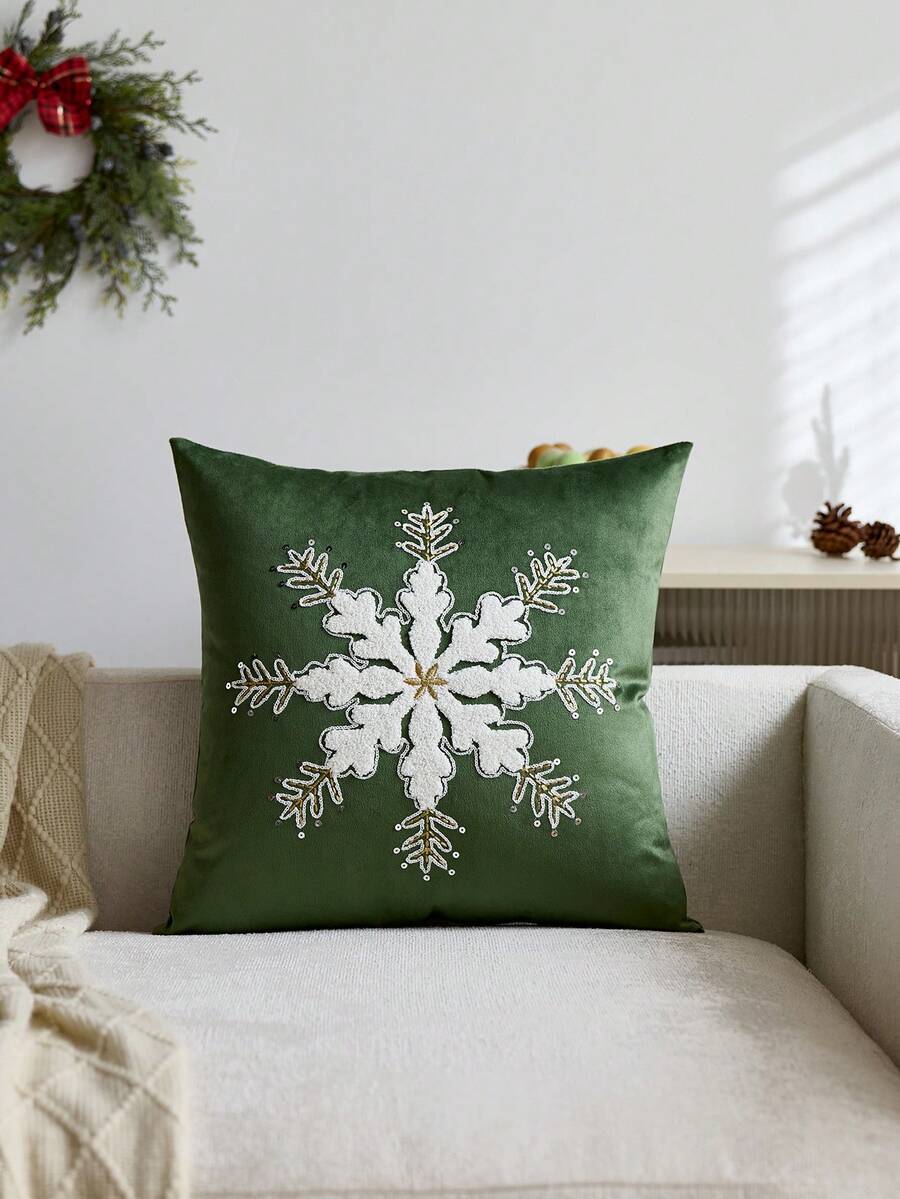 1 Stück Weihnachts-Kissen-Bezug mit grünen Pailletten-Schneeflocken-Stickerei, geeignet für Innenraum-Dekoration, Weihnachts-Deko-Kissenbezug, Kissenfüllung nicht enthalten