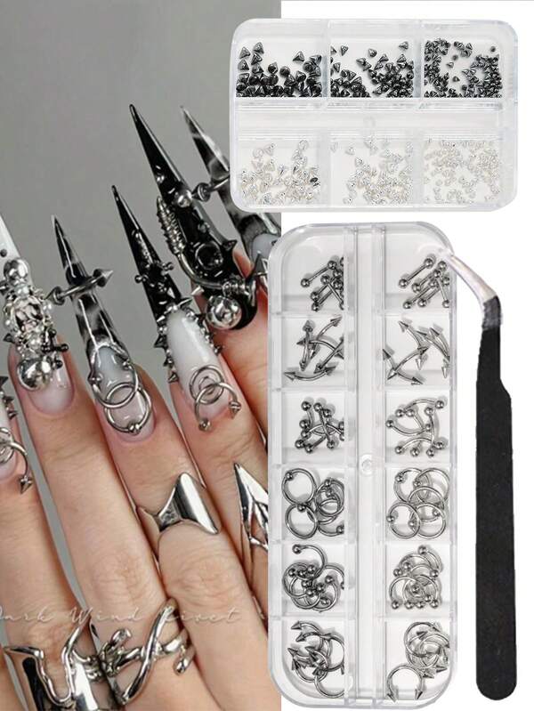2 scatole di decorazioni per unghie in stile Y2K punk, con rivetti metallici, mix di dimensioni di chiodi a cono in nero, argento e oro, chiodi in lega 3D con punte di stile, per decorazione unghie