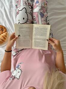 Sanrio 2pcs Hello Kitty Women Printed Short Sleeve Top + Elastic Waist Pants Cute Pajama Set