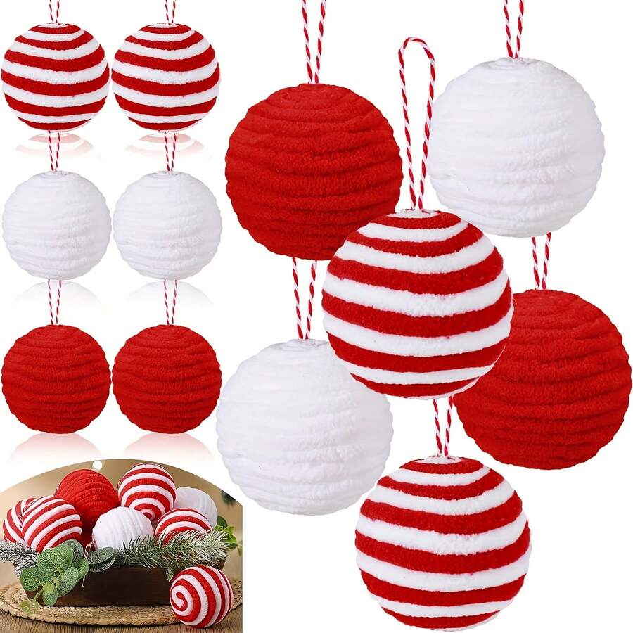 12 palline di Natale in filato, palline di Natale morbide e ondulate in filato rosso e bianco, palline decorative appese, ornamenti per albero di Natale, decorazioni per ciotole, cesti, vasi, decorazioni natalizie per la casa, regali di Natale, decorazioni natalizie per l'inverno